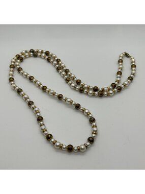 Vintage Hand Knotted 40” White Faux Pearl and Gold Tone Beaded Opera Necklace